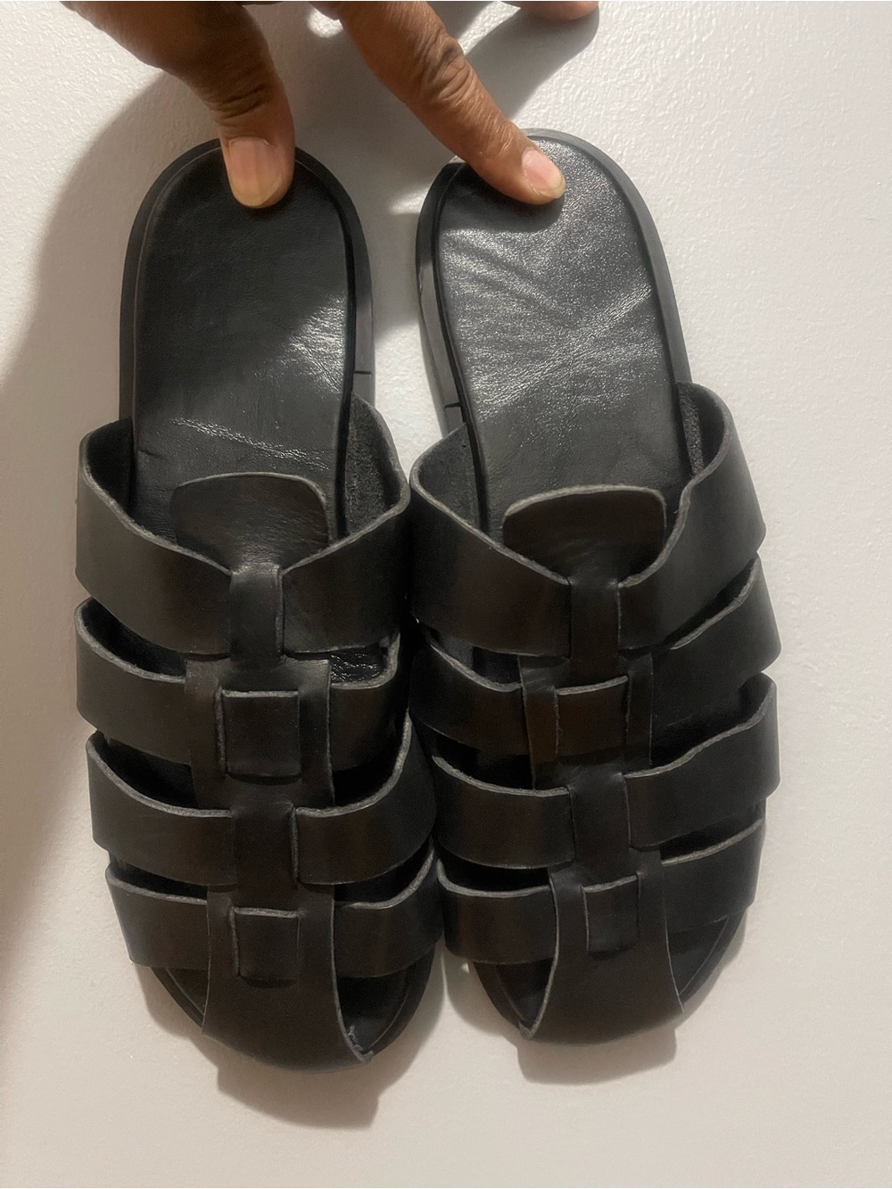 New Black Woven Men’s Leather Slide Sandals Sz 10